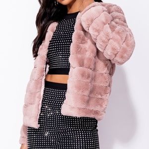 Pink Faux Fur Collarless Jacket